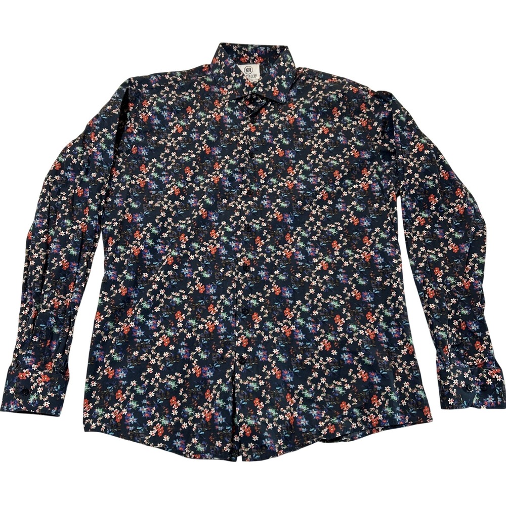 Kurt River Men's Button Up Shirt, Blue Floral, 100% Cotton, XL, Slim Fit
